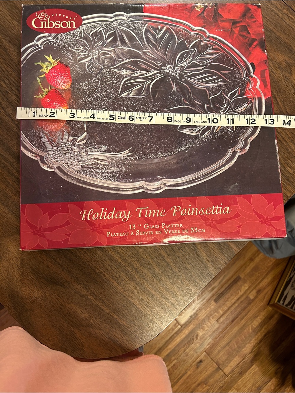 Gibson Clear Glass Poinsettia Holiday Platter with Red Accents